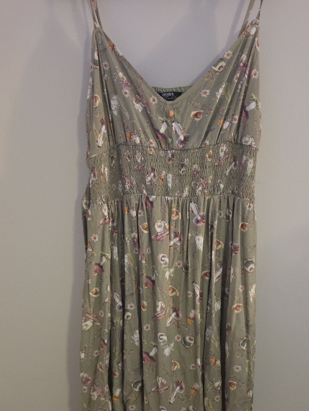 Thorne And Fable Olive Green Floral Smocked Midi Dress